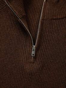 RosyDaze Atasan Rajut Bergaris Leher Tinggi Setengah Resleting Musim Gugur untuk Wanita Lengan Panjang Slim Fit Sweater Kasual Kantor Cokelat Tua - Coffee Brown - View 3