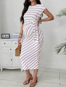 SHEIN Maternity Striped Round Neck Cap Sleeve Side Knot Fitted Dress - Mauve Purple - View 5
