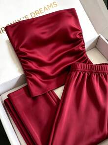 INAWLY Solva Women's Sexy Streetwear Bandeau Top And Flared Pants 2 Pieces Set - Burgundy - View 2