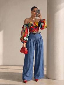 Structelle Bohemian Boho African Print Open Shoulder Petal Sleeve Crop Top Women's Red And Yellow Beach Vacation Holiday Vacation Summer Blouse - Multicolor - View 1