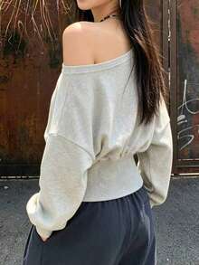INAWLY Women's Solid Color Asymmetric Neck Casual Versatile Daily Wear Top - Grey - View 2