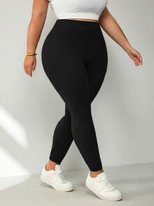 SHEIN CURVE+ 大尺碼女款休閒純色內搭褲，百搭極簡風，適合工作/辦公室/健身房，秋冬保暖內搭褲 - 黑色 - 查看 6