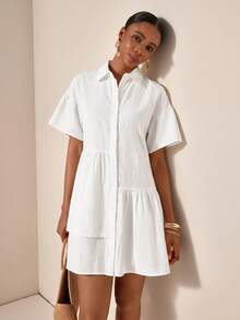Zivah 100 Cotton Ruffle Hem Button Front Shirt Dress,Dresses For Women Summer Vacation White Casual - White - View 4