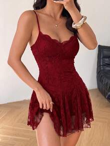 SHEIN EZwear 酒紅色休閒度假細肩帶迷你洋裝 - 酒紅色 - 查看 8