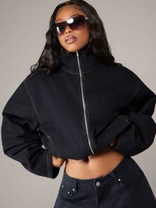 Denimoi High Neck Zip Front Barrel Sleeve Cinched Waist Denim Jacket Denim Cropped Jacket Fashion Denim - Black - View 1