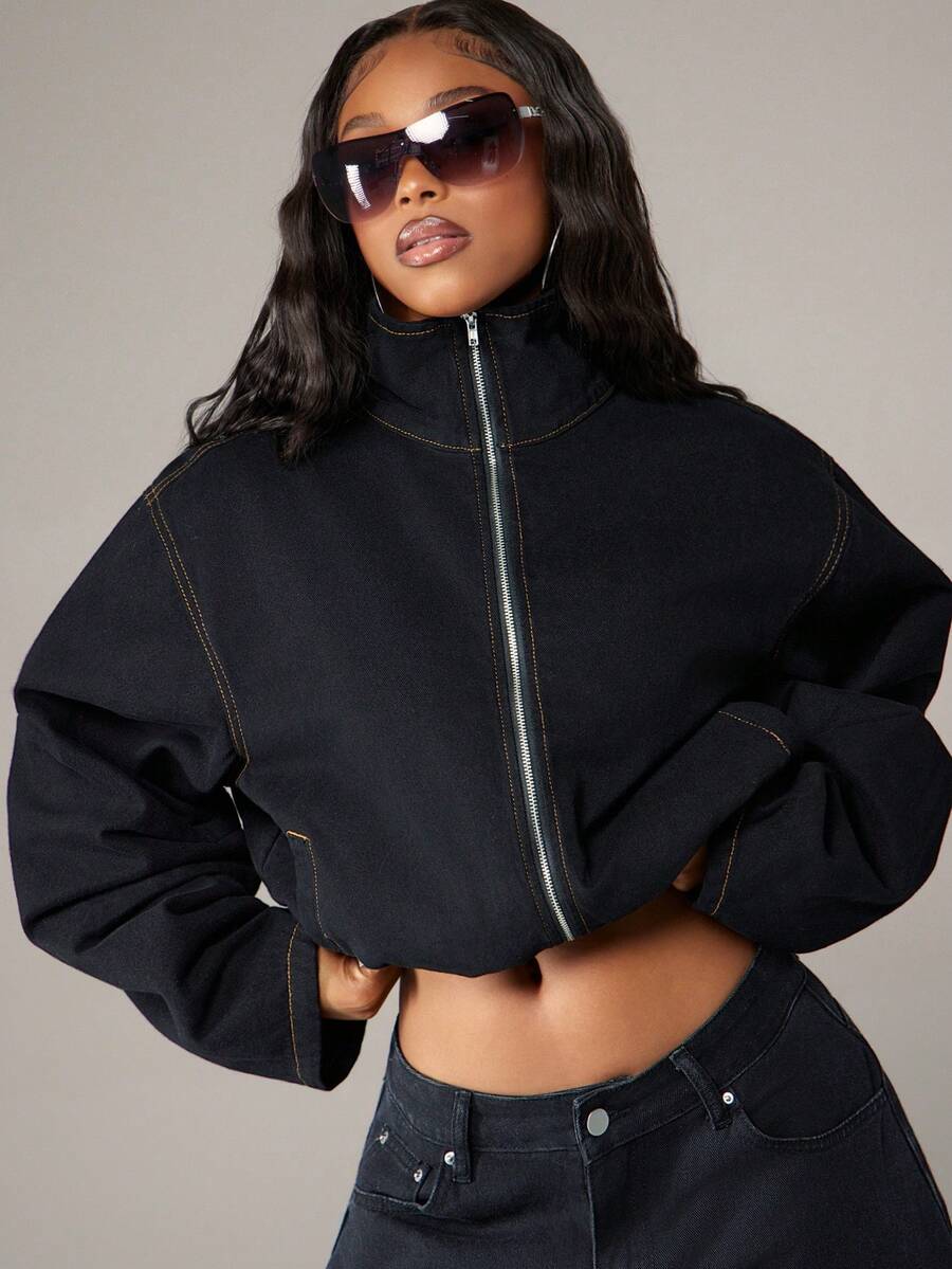 Denimoi High Neck Zip Front Barrel Sleeve Cinched Waist Denim Jacket Denim Cropped Jacket Fashion Denim - Black - View 1