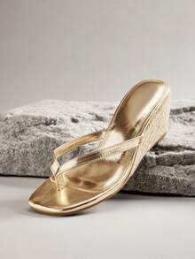 VACAZURE New Women's Black Faux Leather Pu Short Espadrille Thong Wedge, Slide-In Comfort Square Toe Spring Summer Chic Holiday Beach Fun Shoes - Gold - View 1