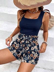 SHEIN Frenchy 女款純色上衣與花卉印花短褲休閒日常兩件套 - 藏蓝色 - 查看 3