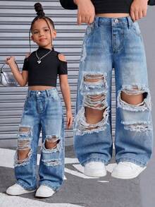 SHEIN 少女休閒水洗磨損牛仔長褲 - 中等水洗藍 - 查看 1