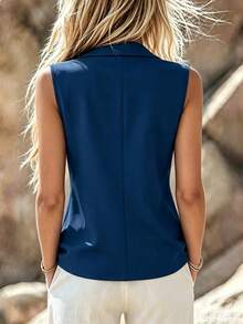 SHEIN Franclia 女士纯色单扣休闲无袖西装外套 夏季西装外套 女士马甲 女士西装外套 蓝色套装 女士西装外套 蓝色套装 夏季西装外套 女士蓝色西装外套 女士马甲 工作装 女士职业装 女士办公室工作服 女士马甲套装 - 藍色 - 查看 2