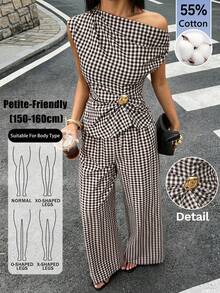 SHEIN PETITE 女款棕色格紋露肩兩件式套裝，附金屬裝飾，適合辦公穿著 - 棕色 - 查看 3
