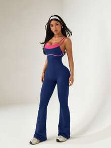 Dewbera Dewbera Women's Colorblock Casual Daily Seamless Athletic One-Piece Long Pants - Navy Blue - View 6