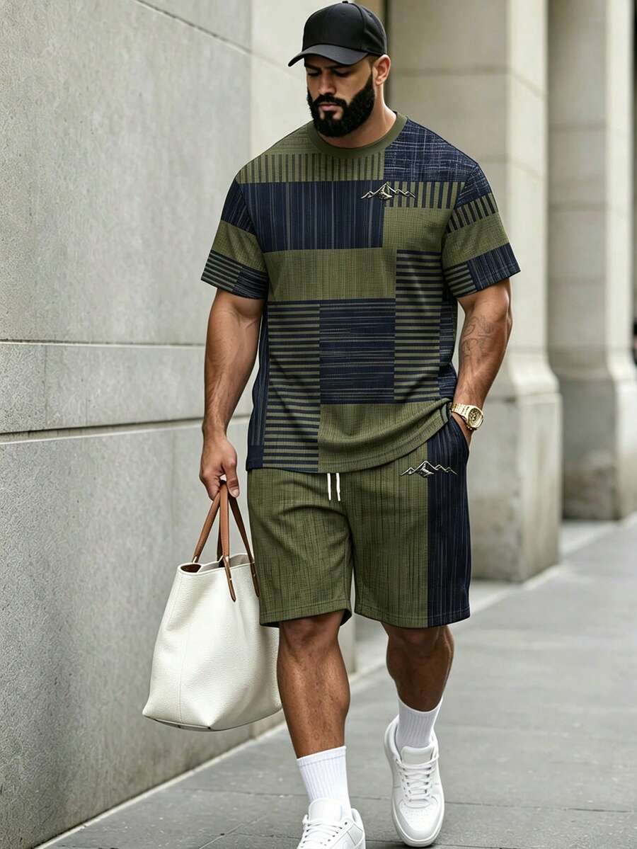 KRYTIVO Plus Size Graffiti Set For Men, Black & Orange Contrast Color King Print Short Sleeve & Shorts 2-Piece Set, Loose Fit Slimming American Street Casual Sportswear - Army Green - View 1