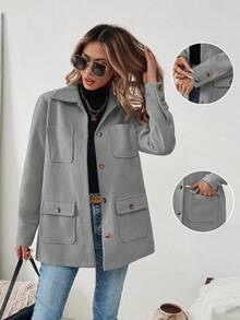 SHEIN PariChic 女款純色口袋休閒百搭日常旅行長袖夾克 - 灰色 - 查看 1