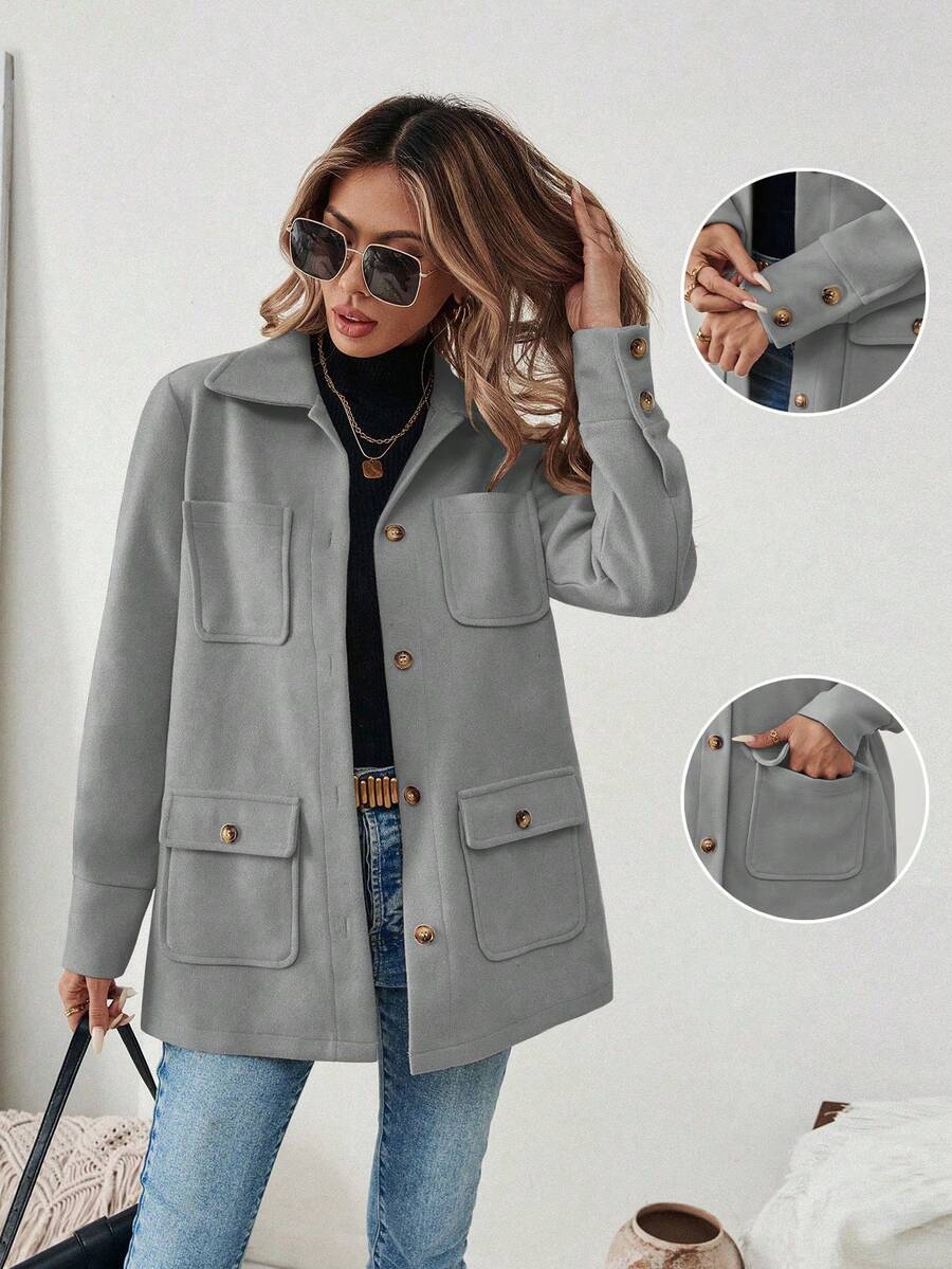 SHEIN PariChic 女款純色口袋休閒百搭日常旅行長袖夾克 - 灰色 - 查看 1