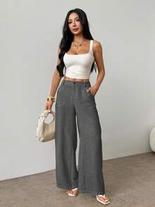 SHEIN PETITE 女款純色口袋休閒百搭日常穿著寬腿褲 - 深灰色 - 查看 3