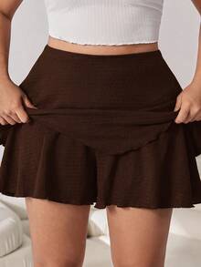 Solflare Brown Casual Plus Size Pleated Design Skorts For Women - Brown - View 4
