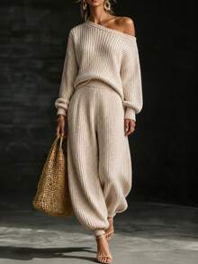 SHEIN Korean Style Soft Knit Two Pieces Outfit, Asymmetric Slant Off Shoulder Top + Wide Leg Knit Pants - Apricot - View 7