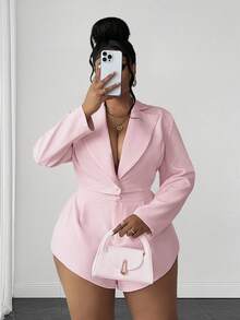 Maweii Plus Size Women's Pink Lapel Open Front Long Sleeve Short Blazer + Short Shorts Set, Pink Suit Set, Elegant, Fashion, Casual, Commute, Business Office, Daily Casual, Versatile Elegant, Urban Teacher Professional Outfit, Sexy Date, Party Wear - Pink - View 1