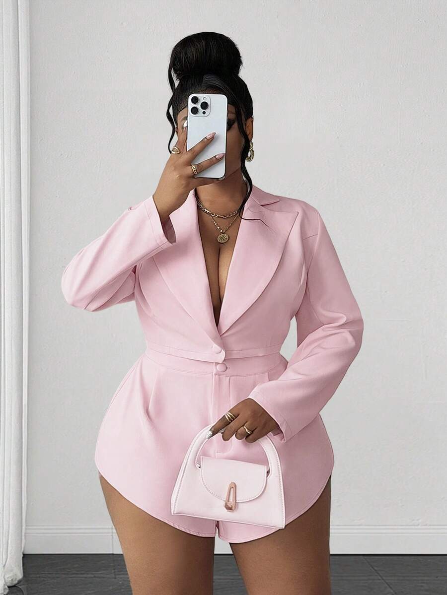 Maweii Plus Size Women's Pink Lapel Open Front Long Sleeve Short Blazer + Short Shorts Set, Pink Suit Set, Elegant, Fashion, Casual, Commute, Business Office, Daily Casual, Versatile Elegant, Urban Teacher Professional Outfit, Sexy Date, Party Wear - Pink - View 1
