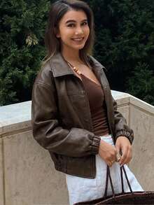 DAZY Women's Casual PU Leather Collar Long Sleeve Regular Jacket Y2k - Coffee Brown - View 5