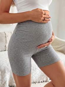 SHEIN Maternity Solid Color Adjustable Waistband Fitted Ruched Shorts - Light Grey - View 5