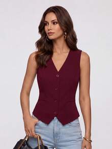 Yalmera Women's Solid Color Button Formal Fitted Vest Jacket - Burgundy - View 7
