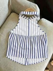 Resyla Women Shirt Collar Sleeveless Vest, Digital Print Stripe Slim Button Down Top - Multicolor - View 2