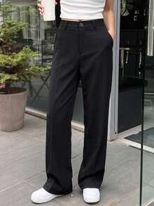 DAZY Women's Elegant Solid Color Flared Pants, Korean Style Petite - Black - View 2