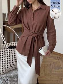 Serisse Women's Cotton Waist Tie Casual Elegant Versatile Daily Wear Shirt Teachers' Day Office Brunch Dark Brown Autumn Tie Front Button Up Blouse - Brown - View 4