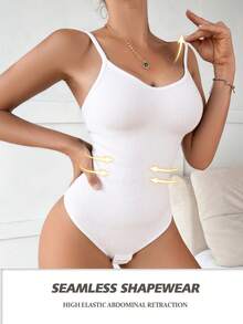 SHEIN Women's Solid Color Seamless Shapewear Bodysuit - White - View 5