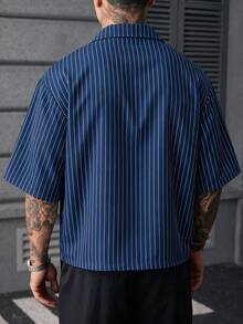 SLATEMANN 男士條紋翻領單鈕扣休閒短袖襯衫 - 寶藍色 - 查看 2