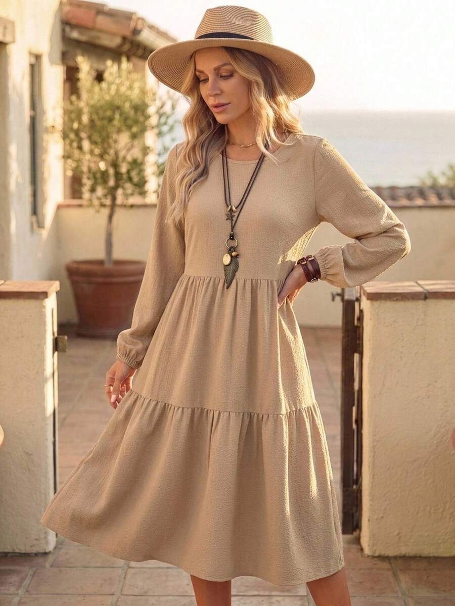 EMERY ROSE Women's Casual Commuter Solid Color Long Sleeve Midi Dress - Khaki - View 1