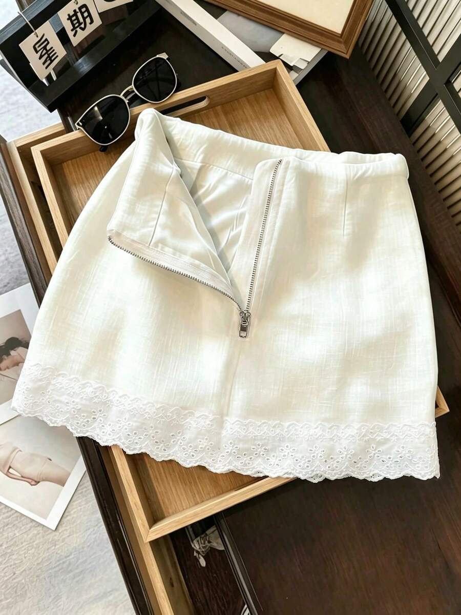SHEIN Franclia 女款休閒 A 字拼接蕾絲飾邊白色優雅半身裙,適合夏季、通勤、外出、度假 - 白色 - 查看 1