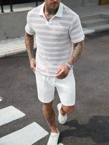 Manfinity CasualCool 男士條紋拼接配色短袖 Polo 衫與短褲休閒日常套裝 - 白色 - 查看 7