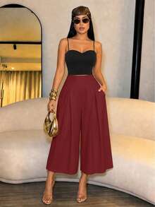 SOLERSUN Women's High Waist Capri Pants With Pockets, Pleated Wide Leg Cropped Trousers, Casual Chic Summer Workwear Pants,Quiet Luxury Capri Pants With Pockets, High Waisted Pleated Wide Leg Cropped Trousers, Effortless Old Money Workwear - Rose Red - View 2