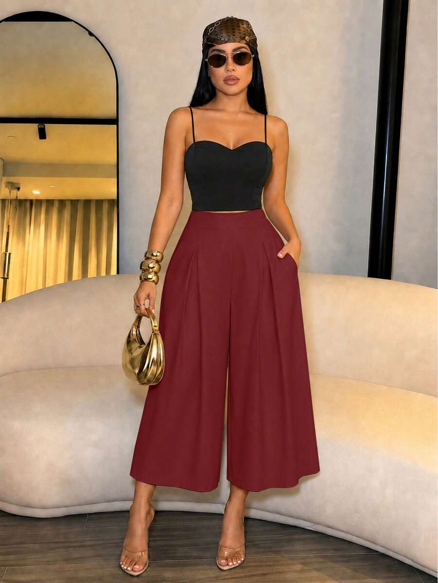 SOLERSUN Women's High Waist Capri Pants With Pockets, Pleated Wide Leg Cropped Trousers, Casual Chic Summer Workwear Pants,Quiet Luxury Capri Pants With Pockets, High Waisted Pleated Wide Leg Cropped Trousers, Effortless Old Money Workwear