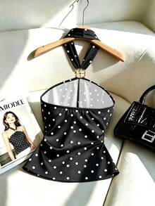 SHEIN Unity Atasan Tanpa Lengan dengan Tali Bahu Tipis Berkerut dan Potongan Ramping Warna Aprikot dengan Polkadot Hitam untuk Musim Semi/Panas - Hitam dan Putih - View 2