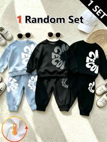 SHEIN 1 Random Set,Baby Boy Blue Letter Print Round Neck Long Sleeve Sweatshirt And Sweatpants Set Fall Autumn Back To School Rib-Knit Outfits - Multicolor - View 1