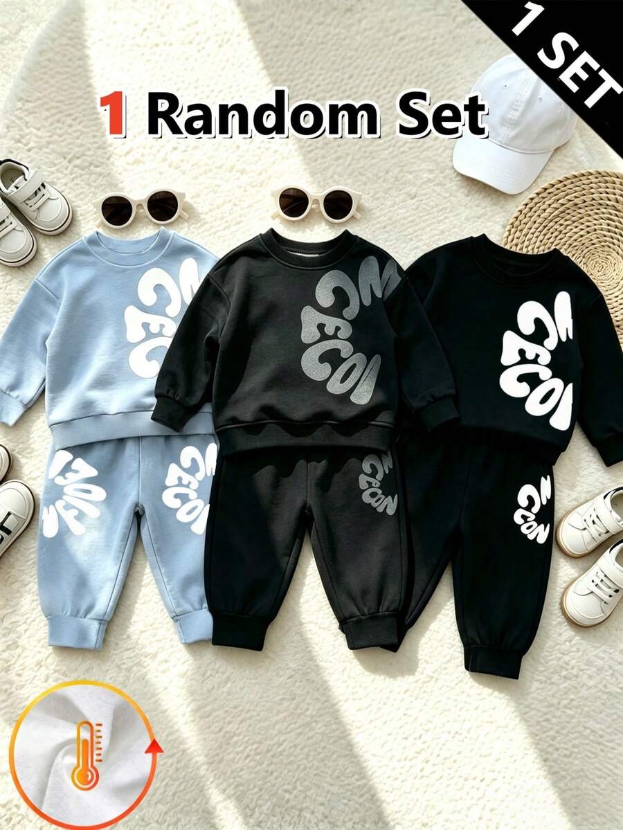 SHEIN 1 Random Set,Baby Boy Blue Letter Print Round Neck Long Sleeve Sweatshirt And Sweatpants Set Fall Autumn Back To School Rib-Knit Outfits - Multicolor - View 1