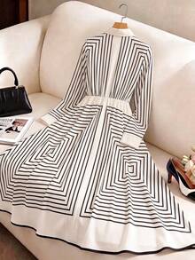 SHEIN Franclia Gaun Lengan Panjang Bergaris Elegan untuk Wanita - Aprikot - View 2