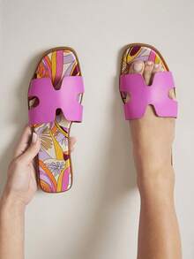 VACAZURE Super H Cut-Out Fuchsia Color Square Toe Flat Slip On Sandal Shoe Spring Shoes Spring Break Easter Vacation Shoes Casual Shoes Beach Shoes Mother's Day Present Summer Shoes - Pink - View 5