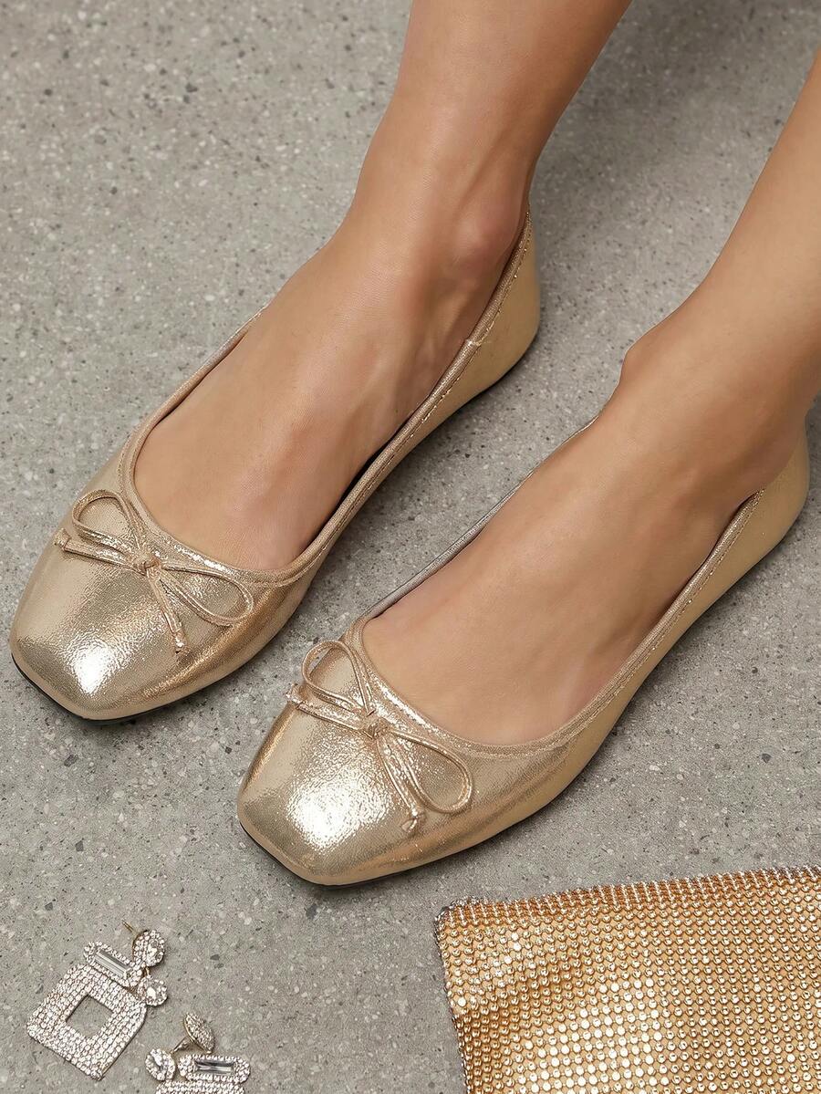 SHUZIA 女士优雅金属 PU 蝴蝶结装饰方头芭蕾平底鞋 - 金色 - 查看 1