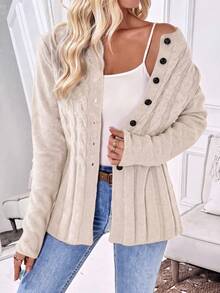 EMERY ROSE Áo cardigan nữ tay dài vặn thừng cài nút trước đa năng - Màu be - Xem 5