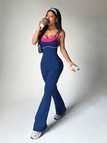 Dewbera Dewbera Women's Colorblock Casual Daily Seamless Athletic One-Piece Long Pants - Navy Blue - View 1