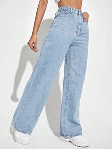 Rivivi Celana Jeans Pinggang Tinggi dengan Kantong Kancing Ukuran Plus - Biru - View 3