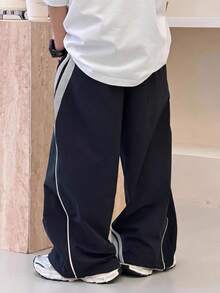 兒童青少年男孩休閒運動長褲，配色拼接設計搭配雙層腰頭，適合春夏秋冬、情人節、夏季穿搭、家庭聚會、開學季、婚禮季、運動、生日派對 - 黑色 - 查看 3