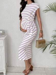 SHEIN Maternity Striped Round Neck Cap Sleeve Side Knot Fitted Dress - Mauve Purple - View 4