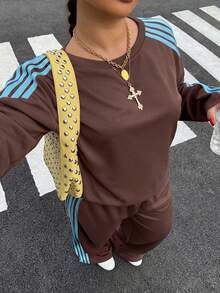 Muchica 大尺碼女款側條紋運動衫與運動長褲休閒兩件套 秋季 - 棕色 - 查看 5