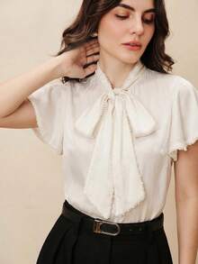 Anewsta Essential Women's Elegant French Modern Versatile Off-White Tie-Up Ruffle Beaded Decor Blouse Teachers' Day Wedding Office Tea Party Summer - Apricot - View 8